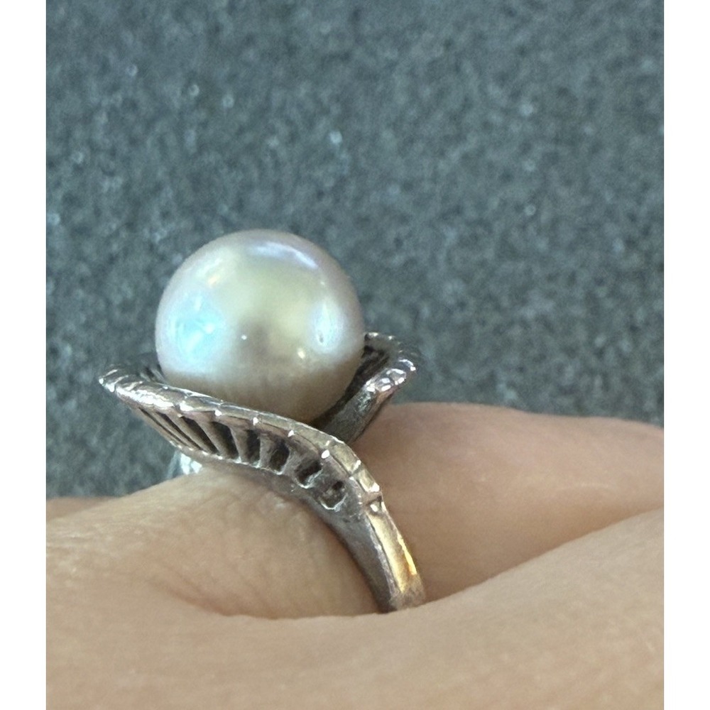Vintage 925 Sterling Silver Clam Shell Pearl Ring Mid Century Fluted Bypass